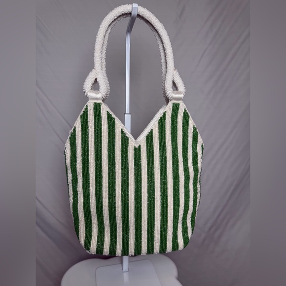 Popular Green and White Striped Martini Beaded Bag Tote - Picture 2 of 4